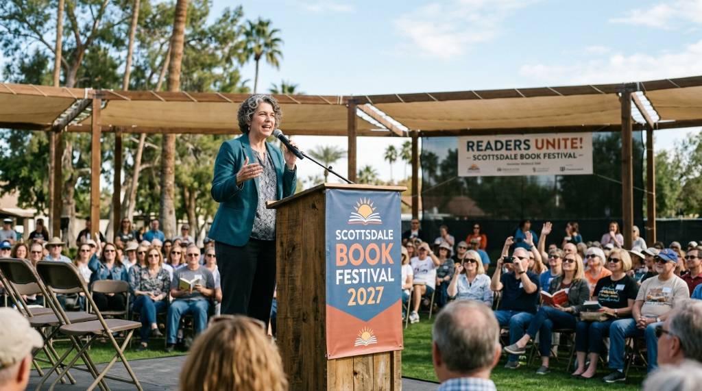 Crowd of readers attending an outdoor author session at Scottsdale Book Festival 2027 in January