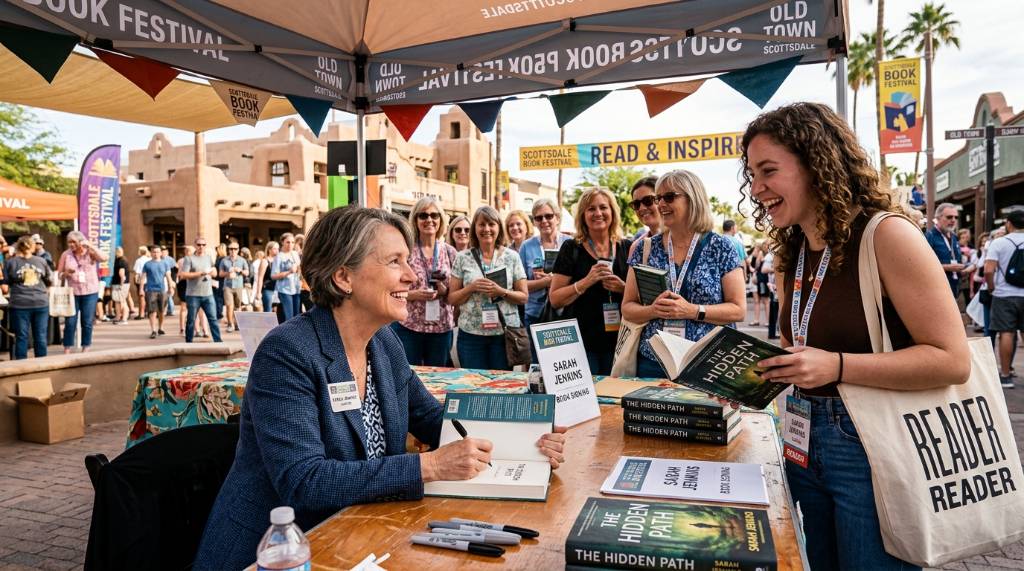 Author signing books for fans at the Scottsdale Book Festival event in Old Town Scottsdale