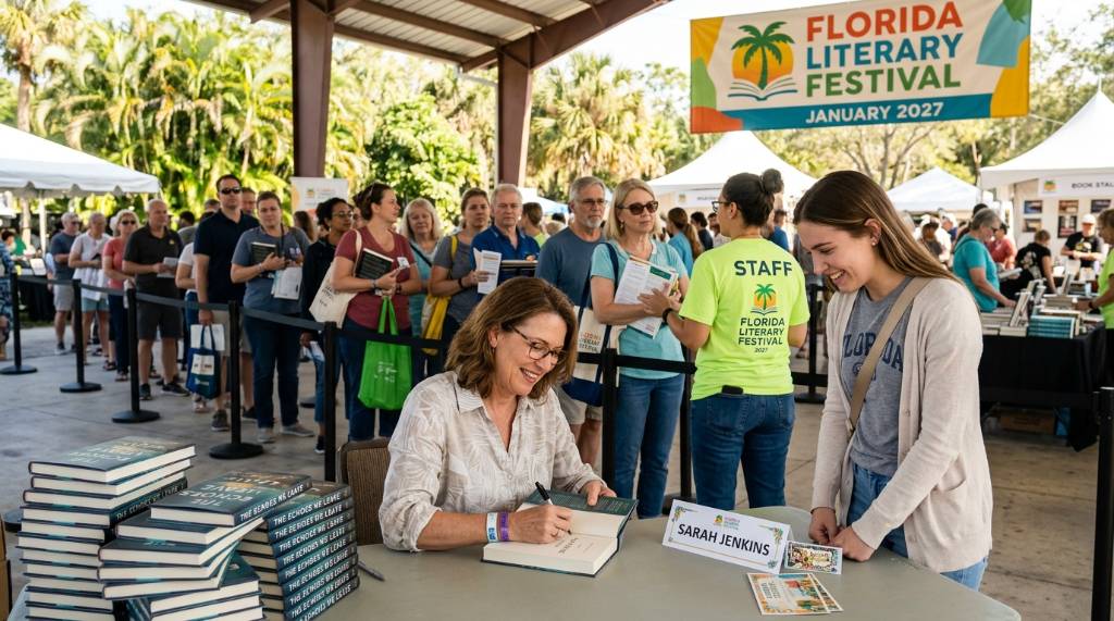 An author signing books for fans at a literary festival event in Florida in January 2027