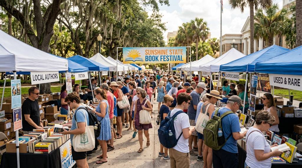 A crowd of book lovers browsing stalls at the Sunshine State Book Festival on a sunny Florida afternoon