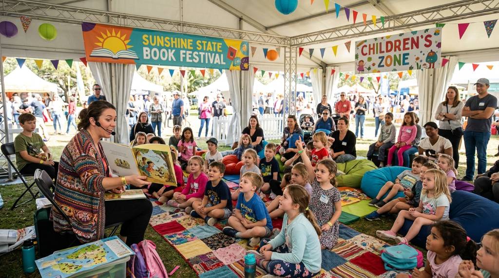 Children participating in a storytelling session at the Sunshine State Book Festival children's zone