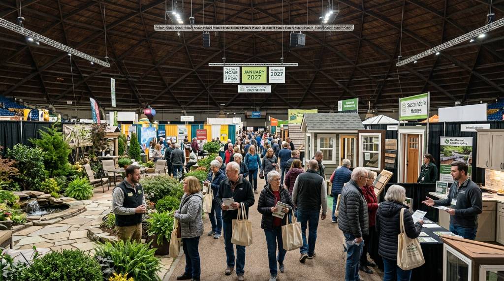 Visitors exploring home and garden exhibitor booths at the Tacoma Dome Exhibition Hall in January 2027