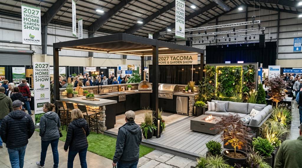 Modern outdoor kitchen and patio setup showcased at the 2027 Tacoma Home and Garden Show