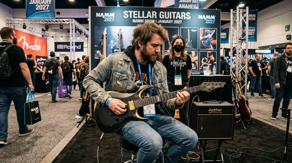 A musician testing a new electric guitar at an exhibit booth during the NAMM Show in January 2027