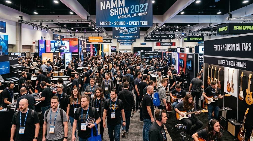 Crowds of music industry professionals exploring instrument exhibits at the NAMM Show 2027 in Anaheim, California