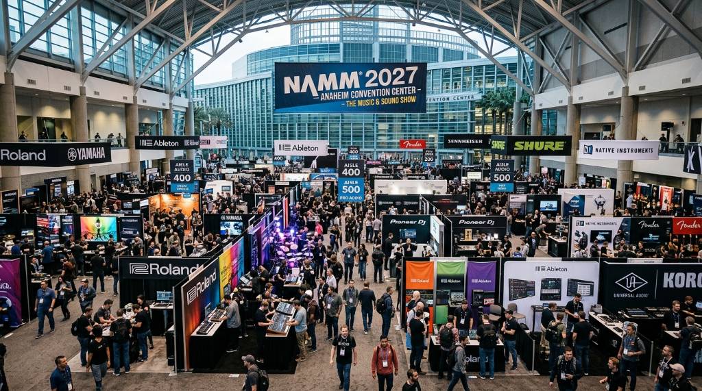 Wide-angle view of the Anaheim Convention Center filled with music technology displays and exhibitors at NAMM 2027
