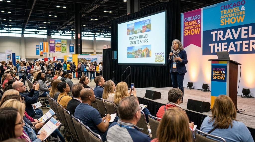 A travel expert speaking on stage at the Chicago Travel and Adventure Show seminar session