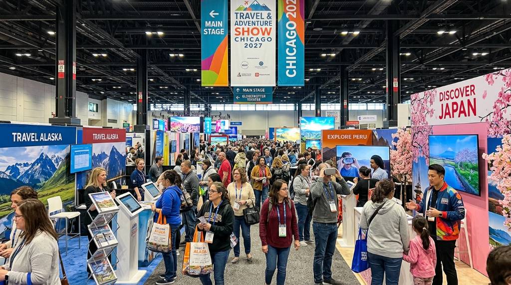 Visitors exploring destination booths at the Travel and Adventure Show Chicago convention floor in 2027