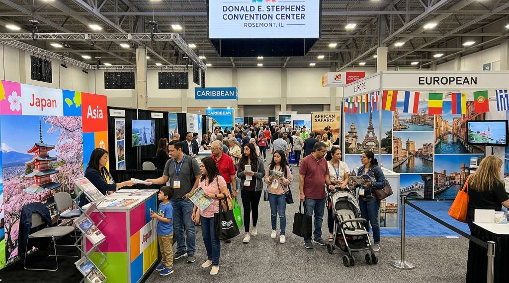 Families browsing international travel exhibits at the Donald E. Stephens Convention Center in Rosemont Illinois